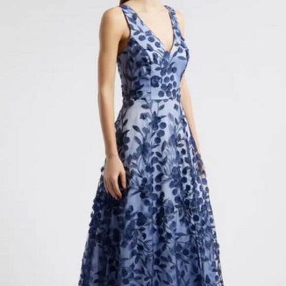 Eliza J Navy Blue Embroidered Floral Illusion Lace A-Line Gown - Picture 2 of 5